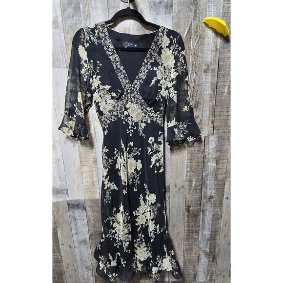 CDC Vintage 90s Black Floral Midi Dress - Picture 1 of 3